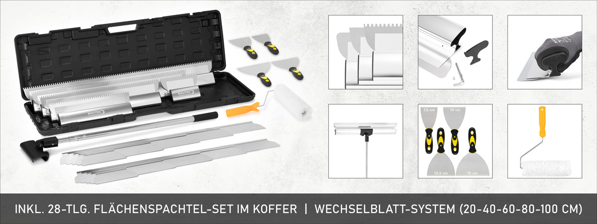 Inklusive 28-tlg. BAUTEC Flächenchenspachtel-Set